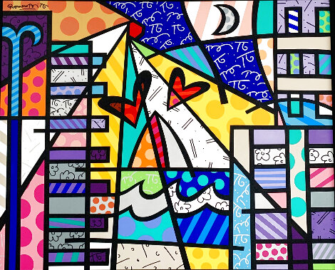 Deco Landscape 2002 56x68 -Tape Method - Huge RARE Mural Size - Miami Florida - TAPE METHOD Original Painting - Romero Britto