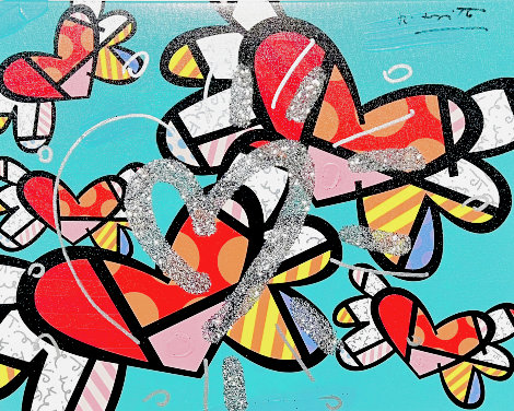 In the Air Teal and Pink IX 2018 25x29 Original Painting - Romero Britto