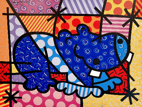 Hippopotamus 1993 55x43 - Huge Original Painting - Romero Britto