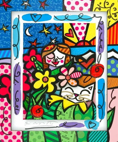 Girl and Cat XIX - Unique w Diamond Dust - 2018 24x22 Works on Paper (not prints) - Romero Britto