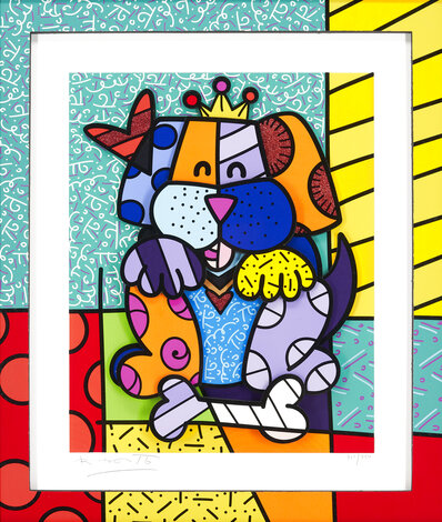 Dog with Bone 3-D 2015 Mixed Media w Glitter Limited Edition Print - Romero Britto