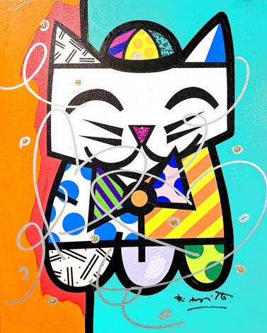 Loveable Cat Red and Orange V 2018 29x25 - Mixed Media on Canvas Original Painting - Romero Britto