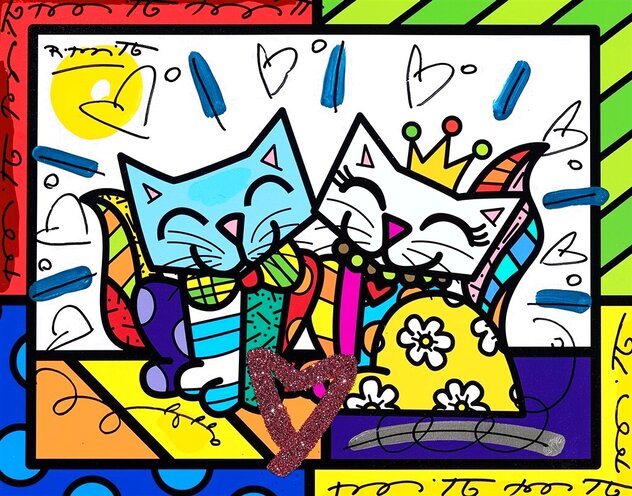Cat Love Red V 2020 34x40 - Mixed Media on Canvas - Huge - Signed Twice by Romero Britto