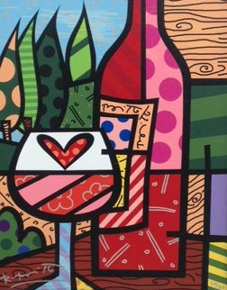 Wine Glass And Bottle 2000 Limited Edition Print - Romero Britto Wine Glass And Bottle 2000 Limited Edition Print - Romero Britto