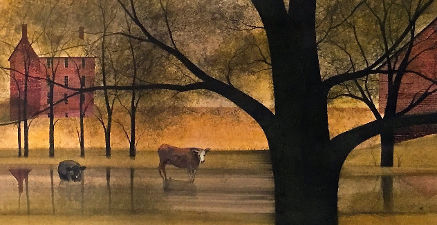 Long Pond, Barn, Farm Scene 1974 18x66 Original Painting by Pat Buckley Moss