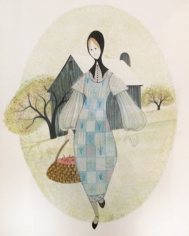 Quaker Girl With Basket of Apples Watercolor 1978 27x23 Watercolor - Pat Buckley Moss