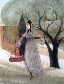 Apple Girl Watercolor 1983 26x22 Watercolor - Pat Buckley Moss