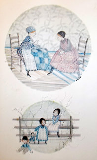 Quilt Ladies Watercolor 1976 16x9 Original Painting - Pat Buckley Moss Quilt Ladies Watercolor 1976 16x9 Original Painting - Pat Buckley Moss