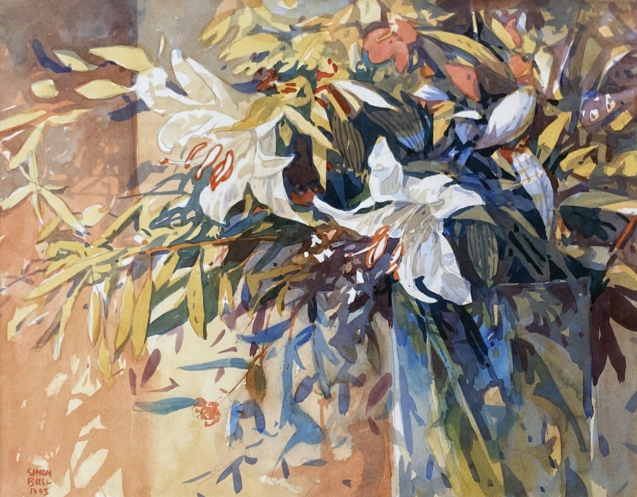 Lilies in a Vase Watercolor 1993 27x27 Watercolor by Simon Bull