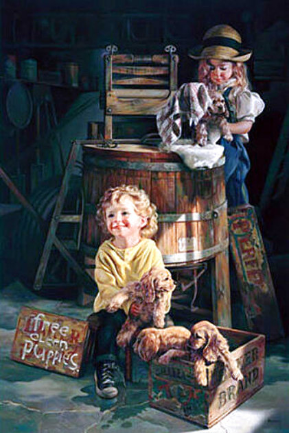 Free Clean Puppies AP 2002 Embellished Limited Edition Print by Bob Byerley