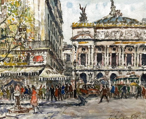 Place de L’Opera Watercolor 1970 - Paris, France - Signed Twice Watercolor - Pierre Eugene Cambier