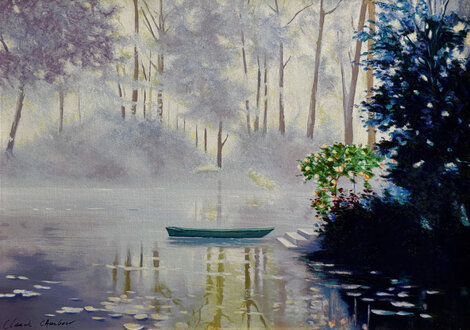 Matin de Brume a Giverny 2001 - Framed Serigraph on Canvas - France Limited Edition Print - Claude Cambour