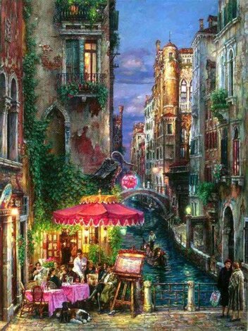 Red Umbrella 2000 - Embellished Giclee on Canvas - Venice, Italy Limited Edition Print - Cao Yong