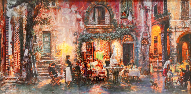 Pretty Life in Monterosso AP 2000 - Framed Embellished Giclee on Canvas - Huge - Italy 33x58 Limited Edition Print - Cao Yong