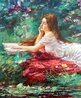 Reading in the Garden 1996 32x38 - Oil on Canvas - Signed Twice Original Painting by Cao Yong - 1