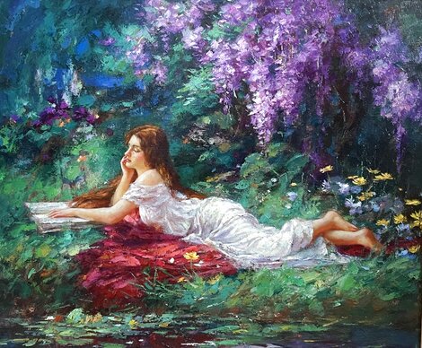 Reading in the Garden 1996 32x38 - Oil on Canvas - Signed Twice Original Painting - Cao Yong