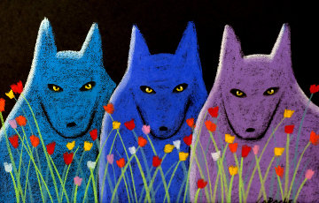 Three Lobos With Flowers Pastel 32x40 Works on Paper (not prints) - Carole Laroche Three Lobos With Flowers Pastel 32x40 Works on Paper (not prints) - Carole Laroche