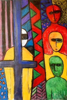 Totem IV (Four Warriors With Cross) 1991 59x44 Super Huge Original Painting - Carole Laroche Totem IV (Four Warriors With Cross) 1991 59x44 Super Huge Original Painting - Carole Laroche