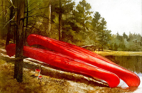 Two Canoes 1980 28x38 Original Painting - Earl Carpenter