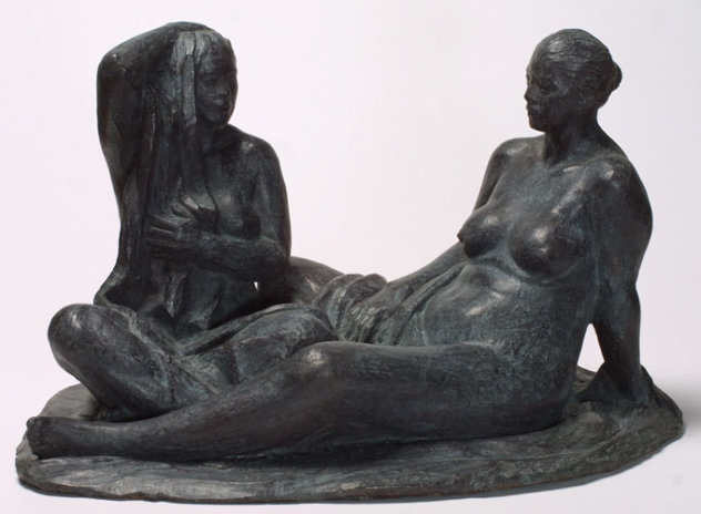 Mujeres Aseandose (Women Grooming) Bronze Sculpture 2005 16 in Sculpture by Felipe Castaneda