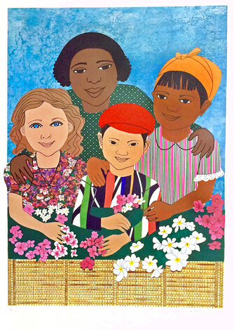 Children with Flowers PP 1995 Limited Edition Print - Elizabeth Catlett