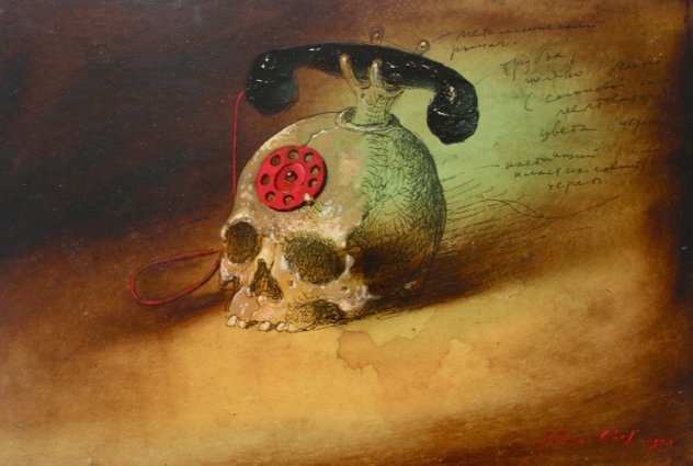 Skull-phone 1999 8x12 Original Painting by Genia Chef