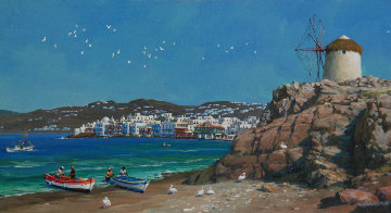 Mykonos Windmill And Little Venice 2009 22x26 Original Painting - Alexander Chen Mykonos Windmill And Little Venice 2009 22x26 Original Painting - Alexander Chen