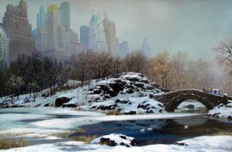 Central Park Bridge Winter, New York 2005 -  Embellished on Canvas Limited Edition Print - Alexander Chen