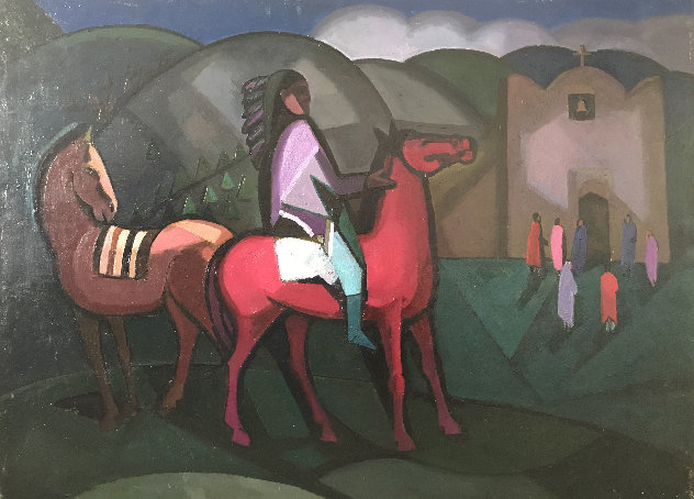 Taos Indian, Two Horses And a Church 30x40 Huge - New Mexico Original Painting by Constantine Cherkas