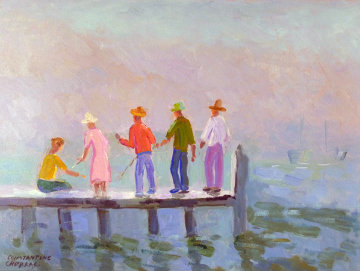 Pier Fishing 2003 18x24 Original Painting - Constantine Cherkas Pier Fishing 2003 18x24 Original Painting - Constantine Cherkas