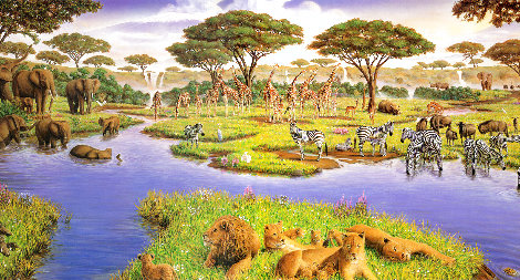 African Watering Hole - Huge Limited Edition Print - Charles Bragg (Chick Bragg)