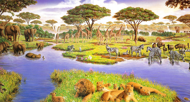 African Watering Hole - Huge Limited Edition Print by Charles Bragg (Chick Bragg)