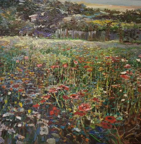 Flower Field 1989 44x44 Huge Original Painting - Lau Chun