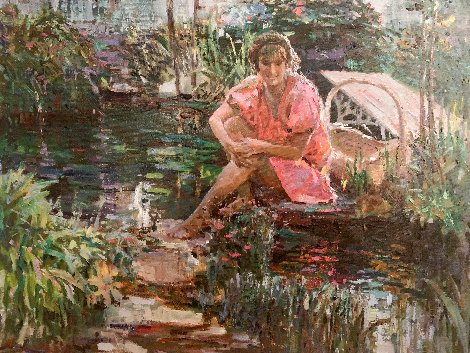 Girl on Pond 31x37 Huge Original Painting - Lau Chun