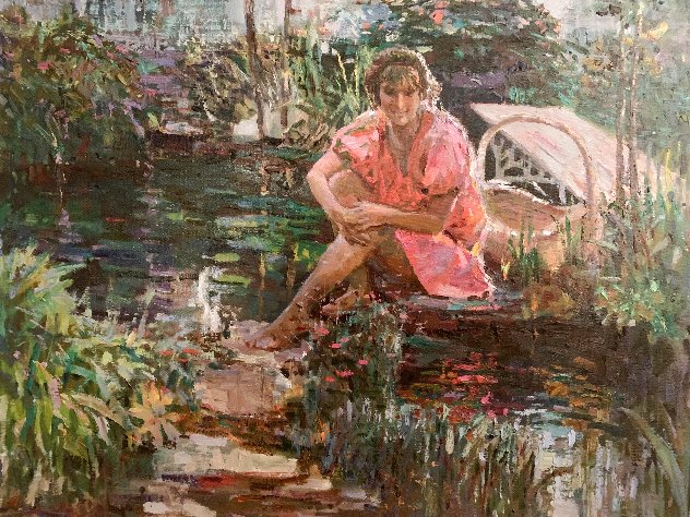 Girl on Pond 31x37 Huge Original Painting by Lau Chun