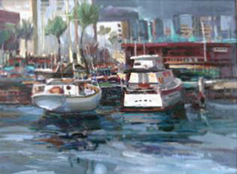 Honolulu Harbor, Waikiki, Hawaii 1981 27x32 Original Painting - Lau Chun