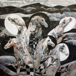 Six Chevaux 2009 48x48 Original Painting - Jean Claude Gaugy Six Chevaux 2009 48x48 Original Painting - Jean Claude Gaugy