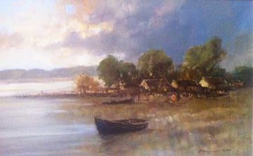 Boat on Shore 26x37 Original Painting - Christiaan  Nice 