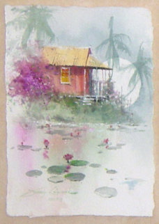 Under the Stone Bridge / A Tropical Pond set of 2 Watercolors 2006 Original Painting - James Coleman Under the Stone Bridge / A Tropical Pond set of 2 Watercolors 2006 Original Painting - James Coleman