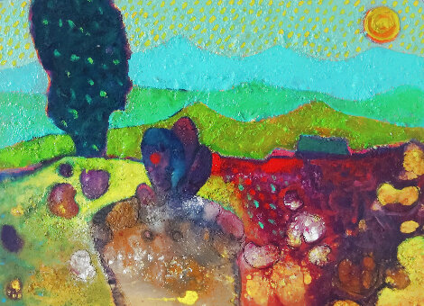 Mujer en el Huerto 1990 24x29 - On Wood - Signed Twice Original Painting - Vladimir Cora