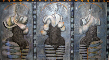 Las Tres Senoritas de Tecuala Sculpture 1986 43x79 Super Huge Original Painting - Vladimir Cora Las Tres Senoritas de Tecuala Sculpture 1986 43x79 Super Huge Original Painting - Vladimir Cora