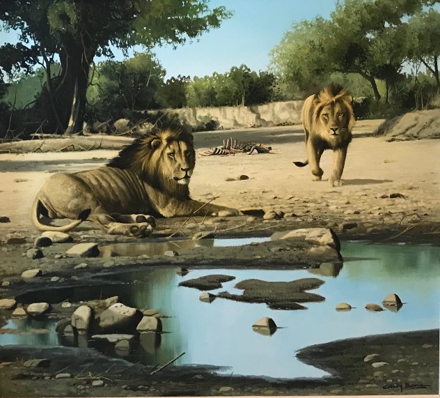 Lion Kill At Shitake Springs 30x32 - Africa Original Painting by Craig Bone