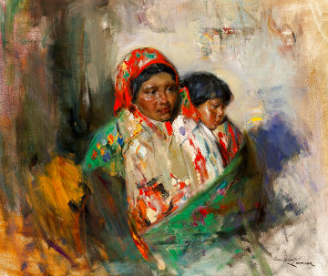 Mother and Child 1990 29x33 Original Painting - Cyrus Afsary Mother and Child 1990 29x33 Original Painting - Cyrus Afsary