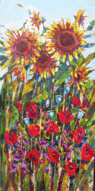 Sunflowers And Poppies 2011 48x24 Original Painting by Roman Czerwinski