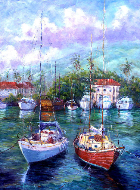 Colors of the Harbor -  Lahaina, Maui, Hawaii 1988 52x40 Huge Original Painting by Roman Czerwinski