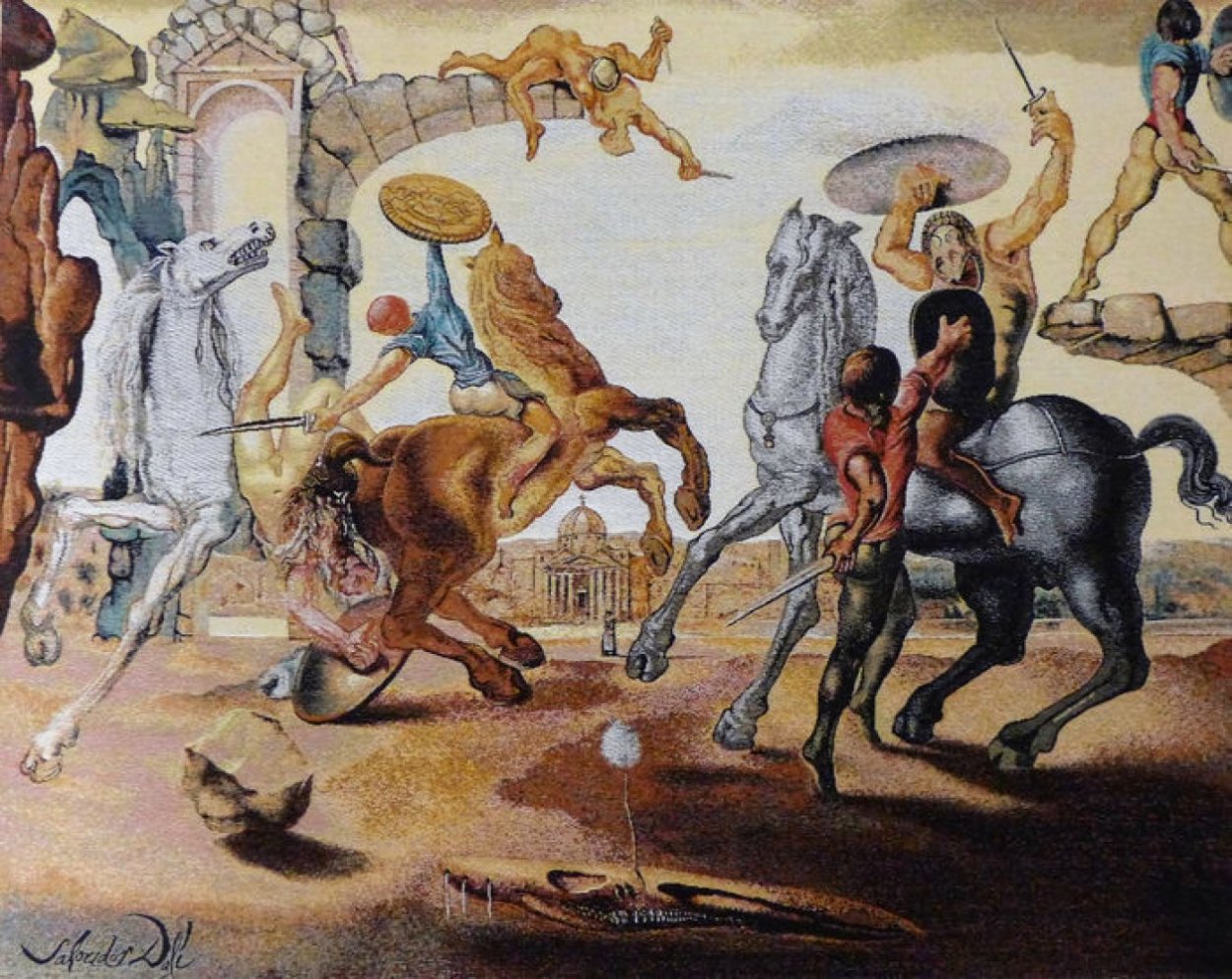 Bataille Autour D'un Pissenlit (Battle Around a Dandelion) Tapestry 1988 41x54 Tapestry by Salvador Dali Bataille Autour D'un Pissenlit (Battle Around a Dandelion) Tapestry 1988 41x54 Tapestry by Salvador Dali