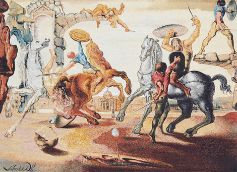 Battle Around a Dandelion Tapestry 1988 42x54 - Huge Tapestry - Salvador Dali