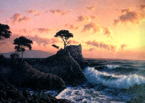 Lone Cypress At Sunset 1984 31x41 Huge Original Painting - David Dalton