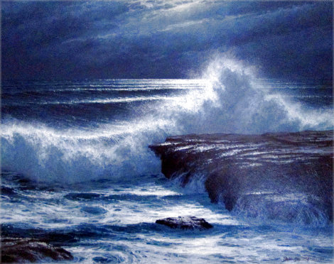 Moonlight and Surf 1980 23x27 Original Painting - David Dalton