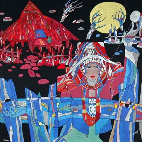 Lady With Thread And Mountain Spirit Suite of 2 Serigraphs 1989 Limited Edition Print - He Deguang